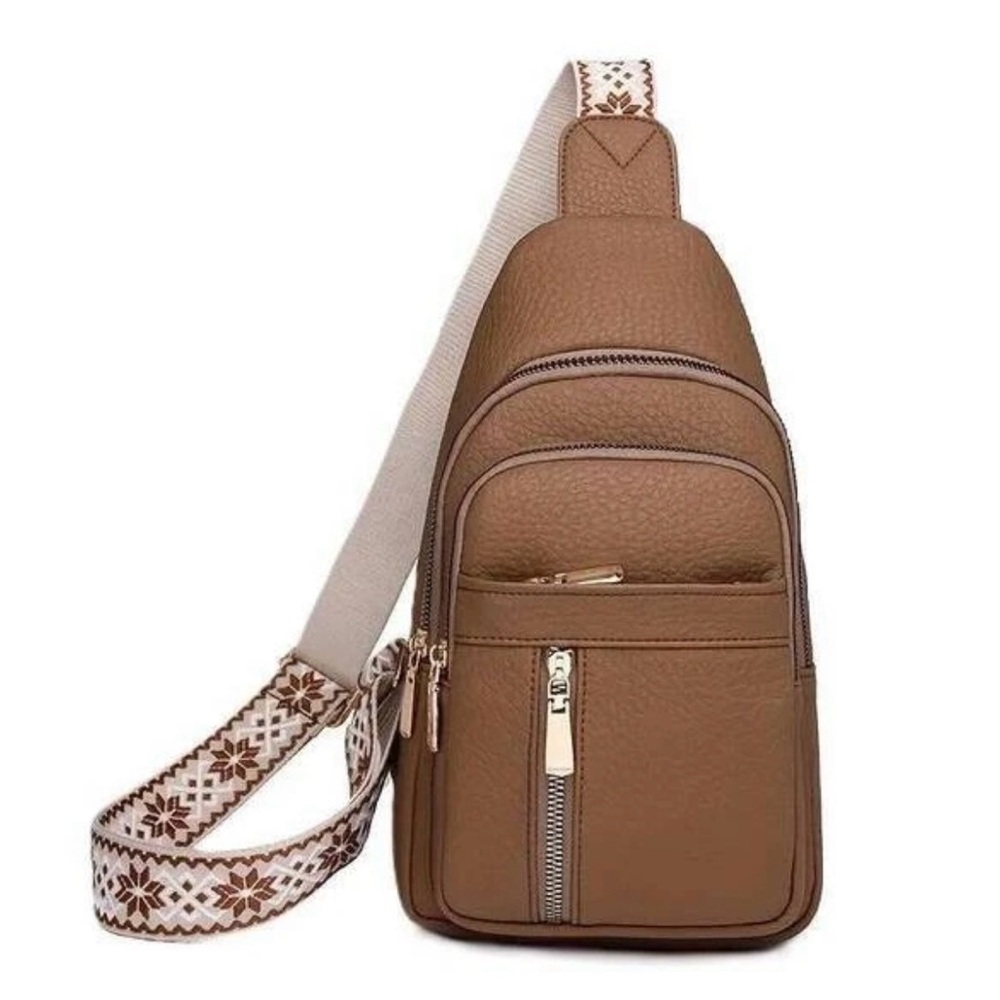 CROSSBODY SLING WOMEN'S FASHION KHAKI BAG WITH PRINTED DESIGN STRAP IN HAND/SHIP